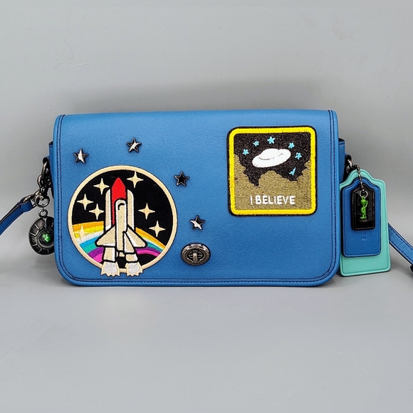 Upcycled Coach glovetanned turnlock crossbody bag w/ Space Patches. Azure Blue - Picture 1 of 14